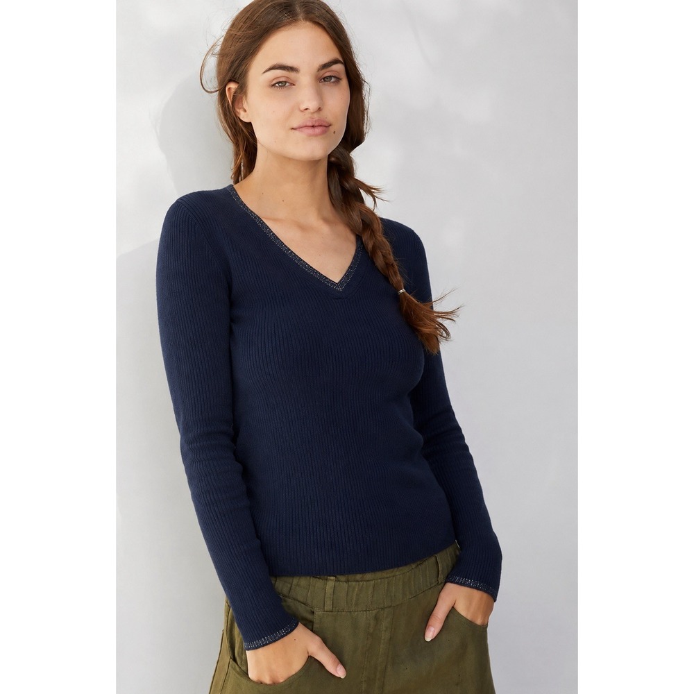 Anthropologie Moth Navy Ribbed V Neck Sweater Metallic Trim Stretch MP